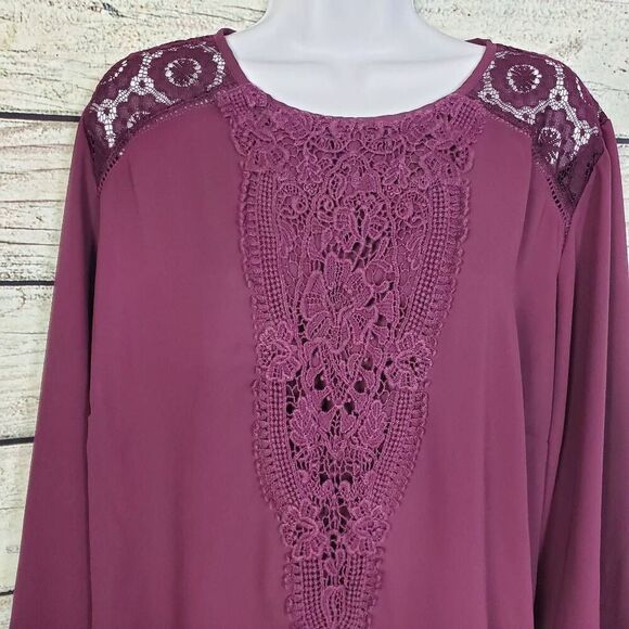 Maurices Purple Crochet Lace Blouse Long Sleeve Size 2 Sheer Feminine Boho Top - Picture 6 of 9